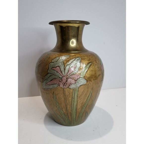 Other - Vintage Brass Floral Vase Hand Painted Enamel Etched Made in India Boho Decor